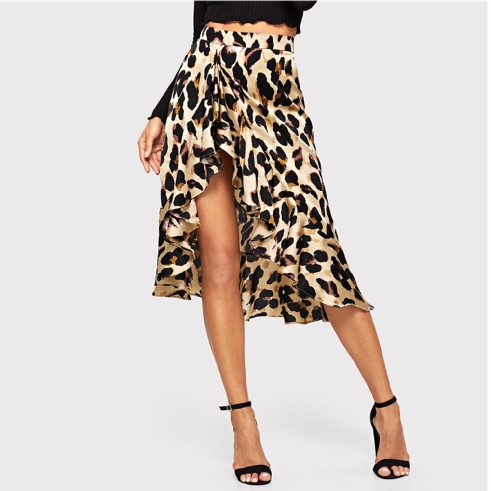 Leopard Satin Ruffled Midi Skirt